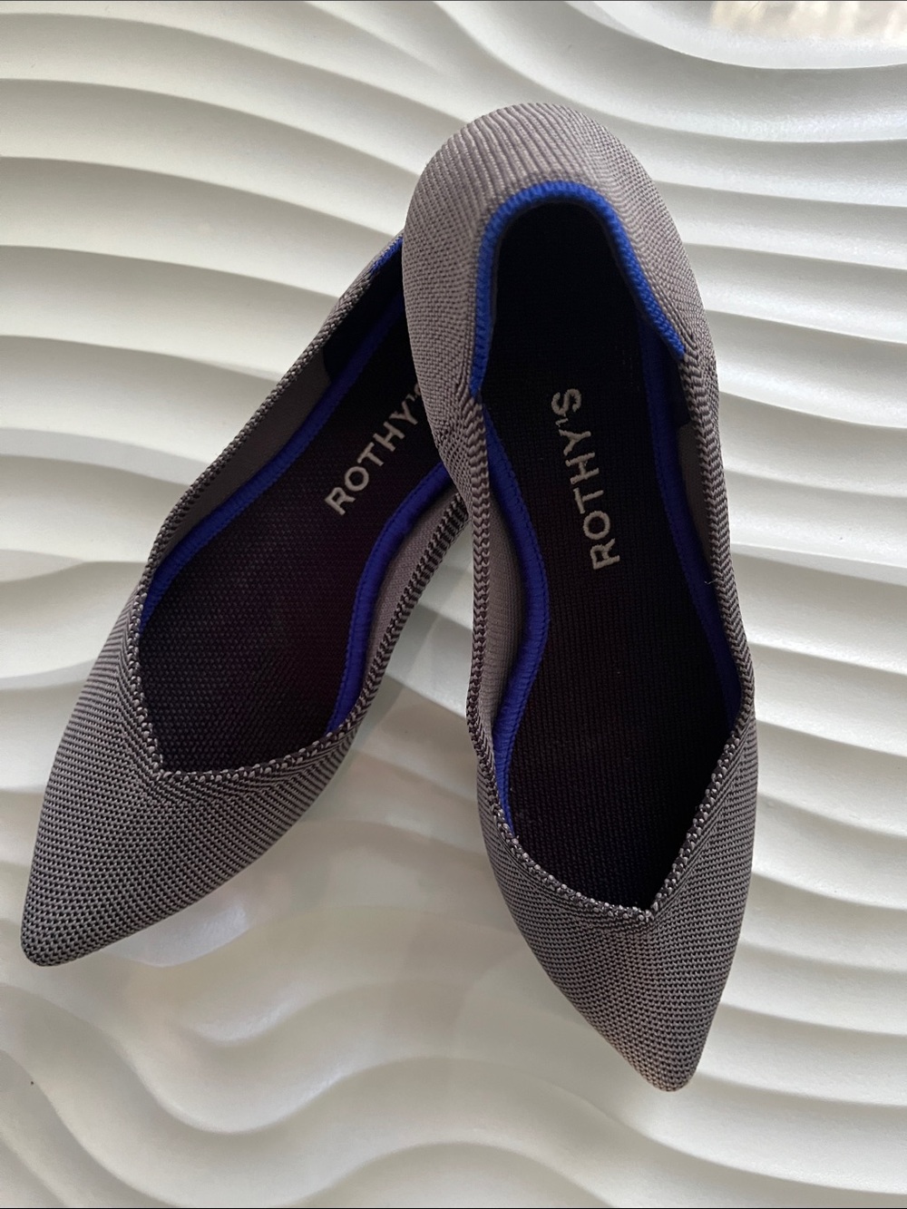Rothy's Pointed Slip-On Flats in Gray with Blue Trim